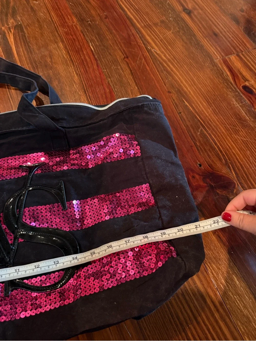 Victoria's Secret Black Tote with Hot Pink Sequin Stripes